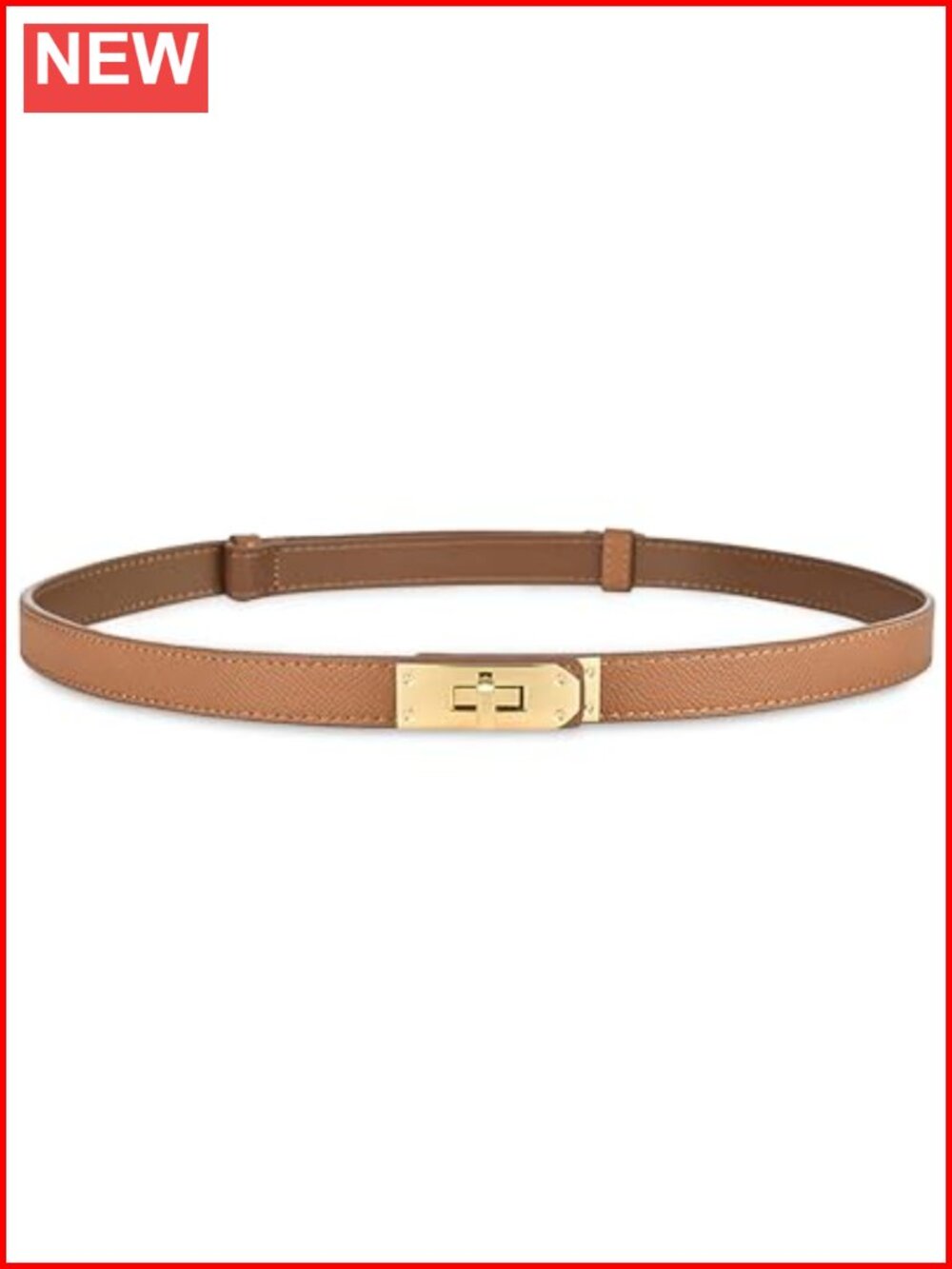 Skinny Leather Belt with Golden Turn-Lock Buckle Adjustable for Dresses Jeans